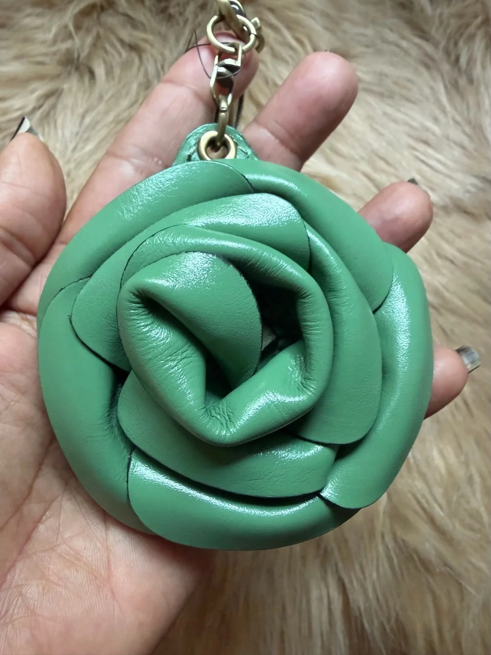 NWT High End Patricia Nash Green Leather Rose Keychain Bag Charm